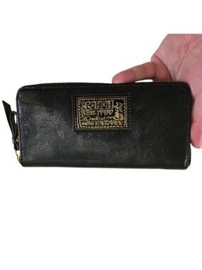 Coach Poppy Daisy Liquid Glass Zip Around Continental Wallet Black Gold